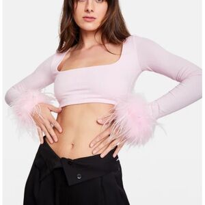 Manuri Pink Long Sleeve Crop Top with Feather Cuffs